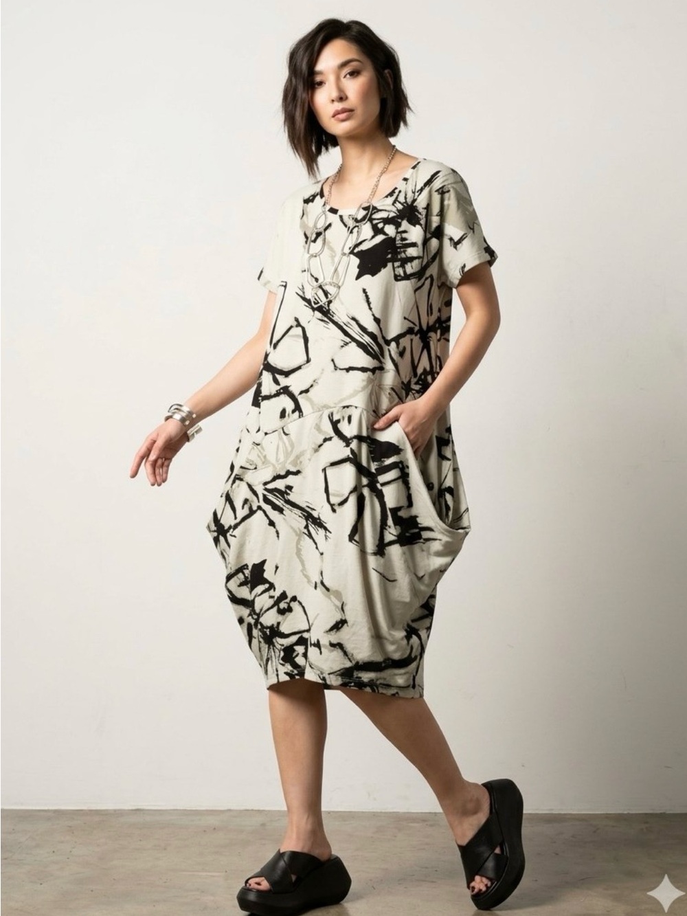 Alembika Urban Skyler Cocoon Dress Sketch Print Cotton Stretch Lagenlook NWOT S